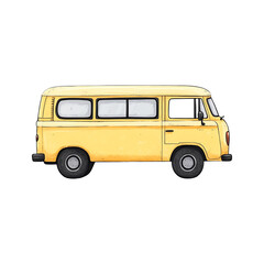 Vintage yellow van side view, isolated on transparent background.