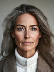 Split portrait of a woman with natural gray and highlighted hair – beauty and aging transformation.