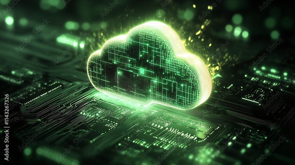 Fototapete Futuristic Cloud Technology Concept with Digital Circuit Graphics in Green : Generative AI