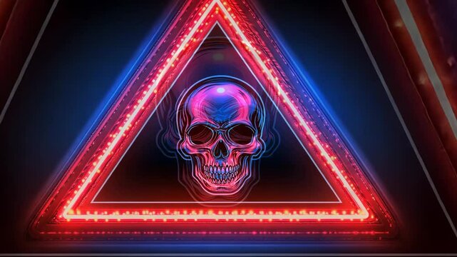 Neon skull design in a triangular pattern illuminated with vibrant colors at night
