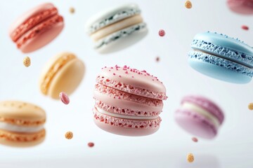 Obraz premium Colorful pastel macarons floating in midair with crumbs, creative dessert photography, sweet treats, French bakery delights, fun confectionery, stylish dessert concept