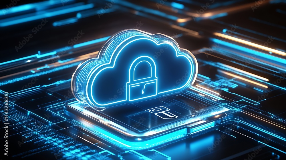 Poster Secure cloud computing illustrated with futuristic blue tech lock and digital circuit : Generative AI