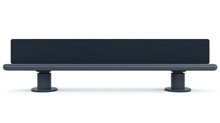 A minimalist bench design featuring a sleek, dark surface and sturdy supports.