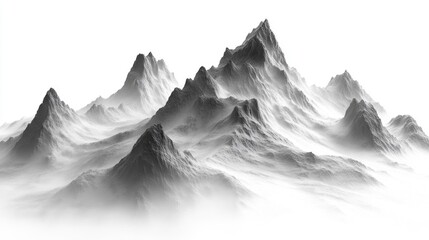 Monochromatic mountain range shrouded in mist.