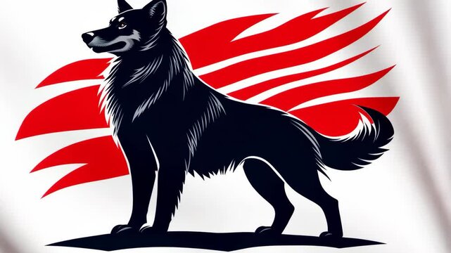 Bold black wolf silhouette stands strong against red and white background representing courage and freedom