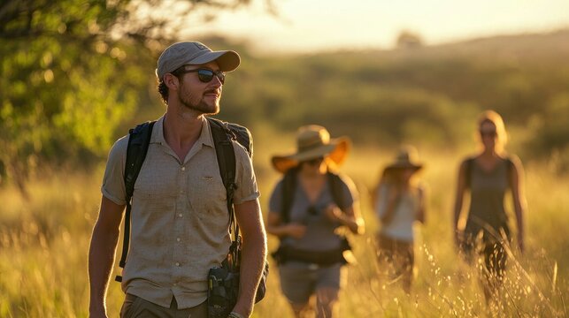 Fototapeta A nature guide leading tourists on a wildlife safari through a protected reserve.