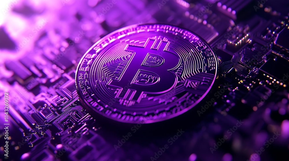 Poster purple bitcoin cryptocurrency coin on circuit board technology and finance : generative ai