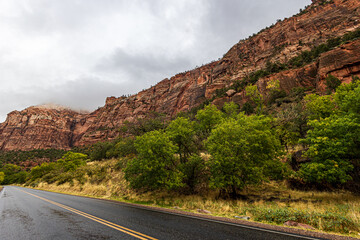 Looking down Zion Canyon Scenic Drive on a cold and misty autumn day.