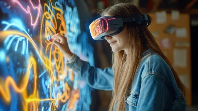 Young woman wearing virtual reality headset while creating digital graffiti art on a glowing wall in a contemporary studio.