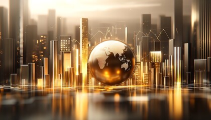 Futuristic Financial Cityscape with Golden Globe and Bar Graphs at Sunset : Generative AI