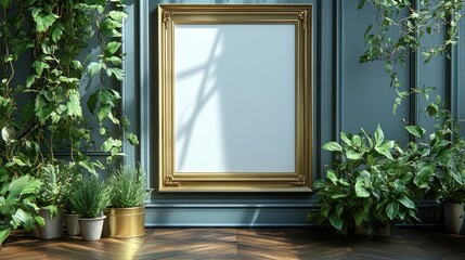 A serene indoor space featuring a blank frame surrounded by lush greenery.