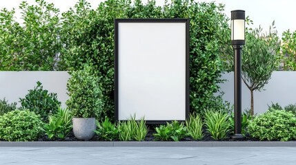 A blank billboard surrounded by lush greenery and a lamp post in a serene outdoor setting.
