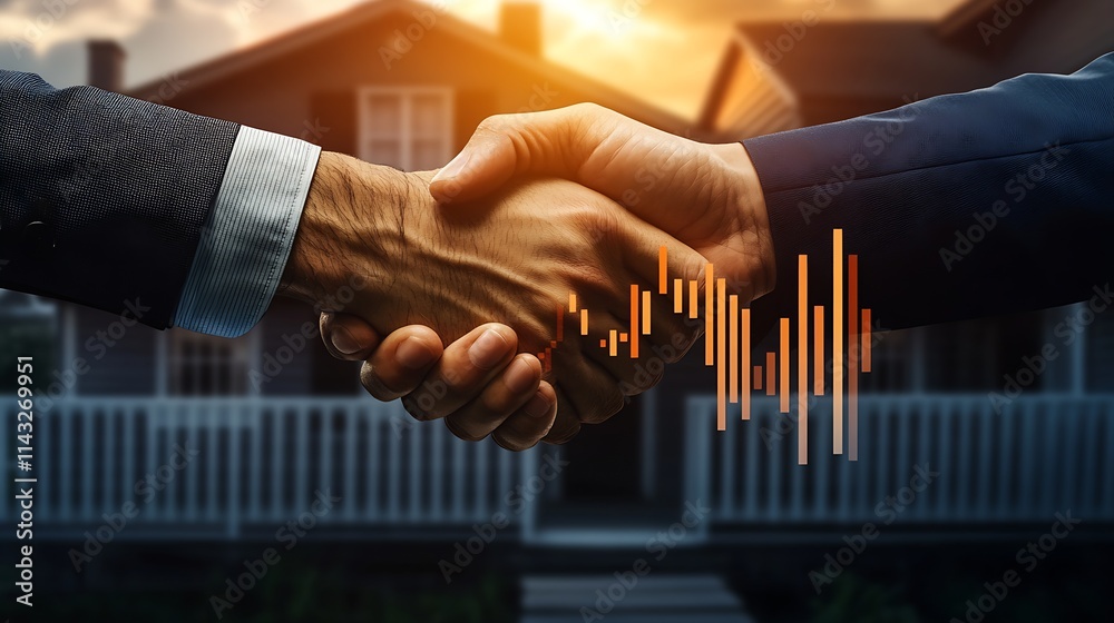 Poster business success handshake in front of house with graph overlay : generative ai