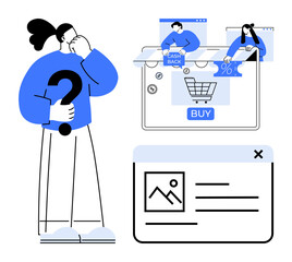 Confused person holding question mark, shoppers browsing online offers. Digital window with cashback, discount, and photo post elements. Ideal for e-commerce, marketing, user experience, online