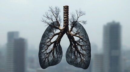 A surreal image depicting lungs made of tree branches, symbolizing the connection between nature and respiratory health amidst an urban backdrop.