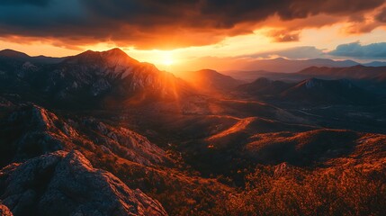 A breathtaking view of golden hour light casting warm hues over rugged mountain ranges with a glowing sunset in the background 