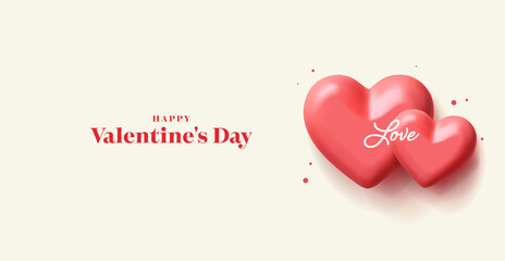Happy Valentine's Day. Realistic glossy red hearts with greeting. Minimalist banner for Valentine's Day greetings. Vector
