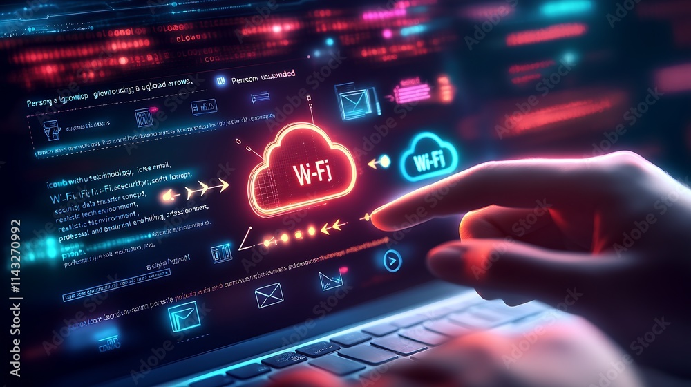 Poster Futuristic Digital Interface with Cloud Computing Symbol and Neon Elements : Generative AI