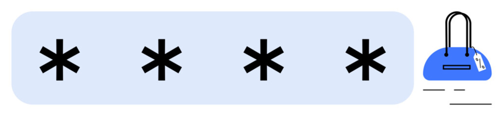Four asterisks within a rectangular field indicating hidden password, next to a blue padlock icon. Ideal for security, login screens, data privacy, authentication, access control, user interface