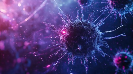 Microscopic view of a virus surrounded by luminous particles in a futuristic laboratory, viruses, biotechnology concept 