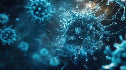 Fototapeta premium Microscopic view of a virus surrounded by luminous particles in a futuristic laboratory, viruses, biotechnology concept 
