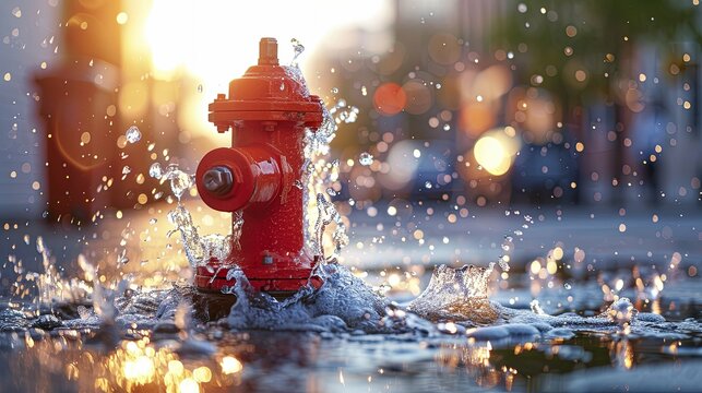 Red Fire Hydrant Spouting Water in Urban Sunset Setting