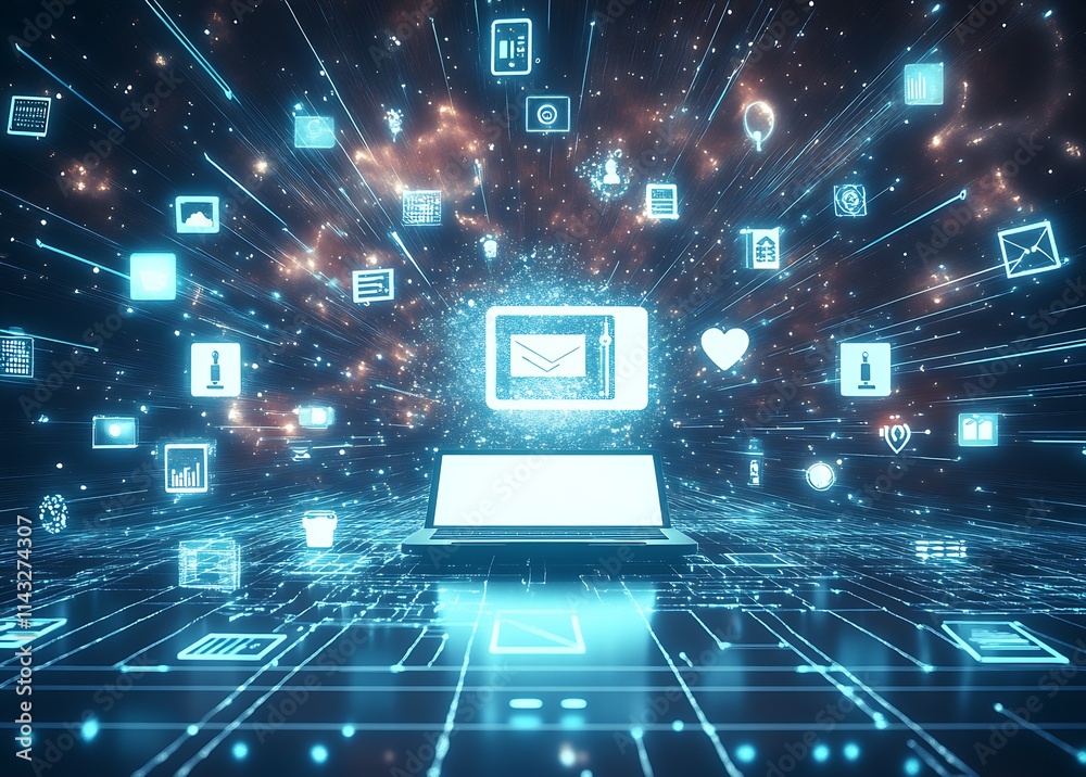 Poster futuristic laptop with digital icons in space themed vector art : generative ai