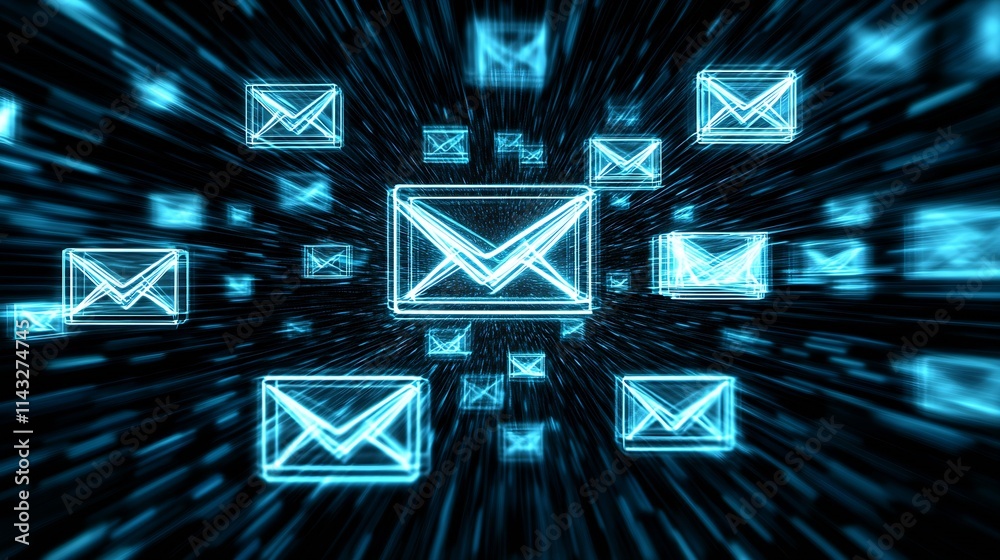Poster futuristic digital email communication envelops glowing in virtual space : generative ai