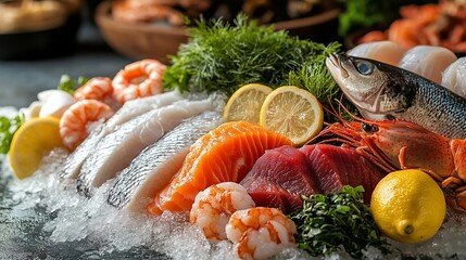 Fresh seafood display with salmon, tuna, shrimp, and fish on ice.