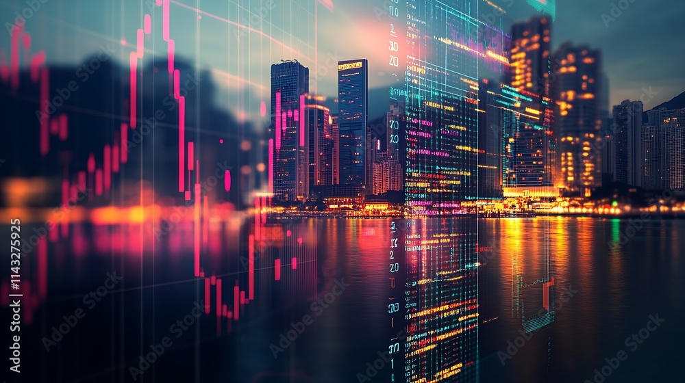 Poster city skyline with vibrant graphs displaying stock market trends at twilight : generative ai
