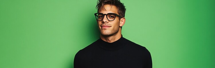 Obraz premium Stylish young man in trendy eyeglasses against green backdrop exudes confidence