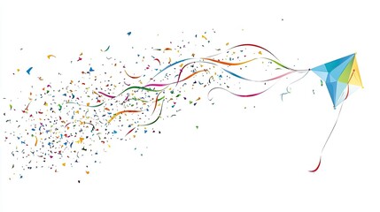 Fototapeta premium A colorful kite soaring with vibrant ribbons and confetti, symbolizing joy and celebration.