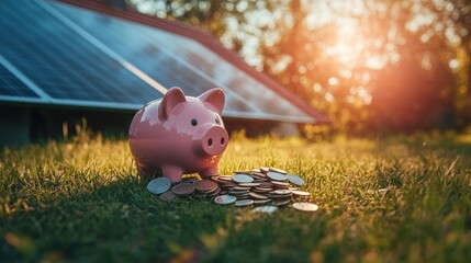Pink Piggy Bank with Coins in Front of Solar Panels at Sunset