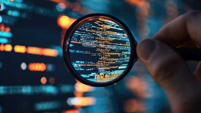Code Under Scrutiny: A close-up of a hand holding a magnifying glass over a screen filled with lines of code, highlighting the intricate world of software development and cybersecurity.  