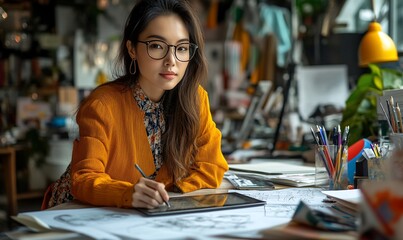 Fototapeta premium Focused young woman drawing on tablet in art studio.