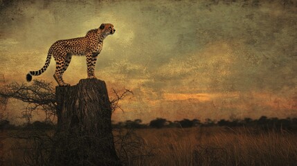 Cheetah standing on a tree stump at sunset in the African savanna.