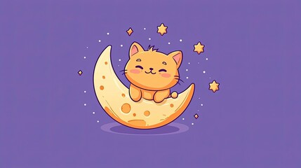 Fototapeta premium A cute orange cat sitting on a crescent moon with stars in a whimsical, colorful background.