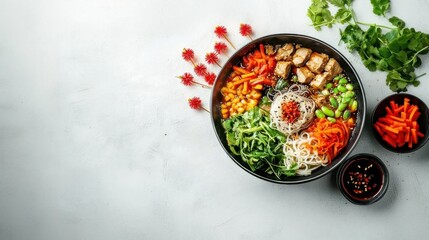 Celebrating chinese new year 2025 with dragon decor hot pot ingredients red background lunar festivities