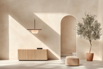 Mediterranean Entrance Hall with Wooden Cabinet and Stucco Wall Arched Doorway