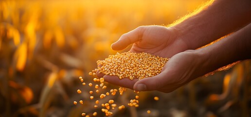Farmer's hands holding corn kernels at sunset.