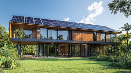 Fototapeta premium Modern Sustainable House with Solar Panels and Large Glass Windows in a Lush Green Environment
