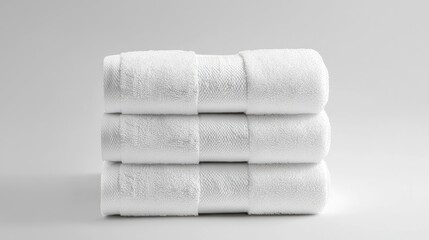 A stack of neatly rolled white towels, ideal for spas or bathroom settings.