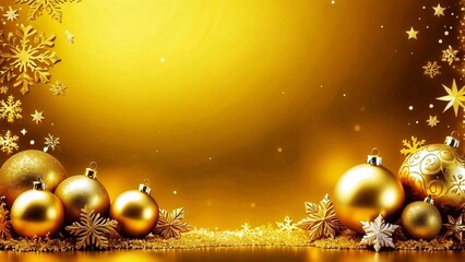 Golden christmas background with baubles and snowflakes.