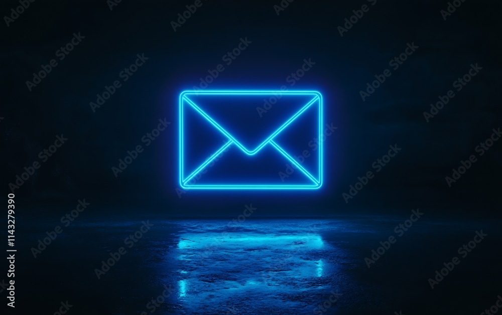 Poster neon blue envelope icon symbolizing modern digital communication on dark background : generative ai
