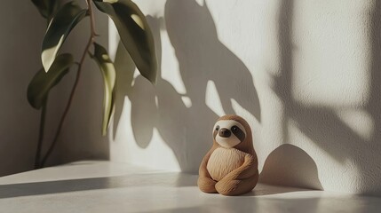 A cute sloth figurine sits on a sunlit surface, casting playful shadows from nearby plants.