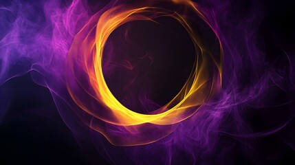  An abstract geometric smoke circle in purple yellow color on a black background
