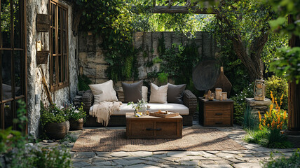 Elegant outdoor cozy decor with floral and rustic elements