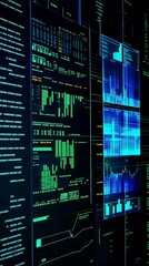 Futuristic Data Visualization of Analytics on High-Tech Digital Panels in Blue and Green : Generative AI