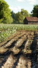 Tranquil Countryside: A sunlit rural scene featuring freshly tilled soil, young corn plants, and a rustic barn in the background.