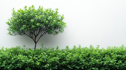 Fototapeta premium Small tree and shrubbery against a white wall.